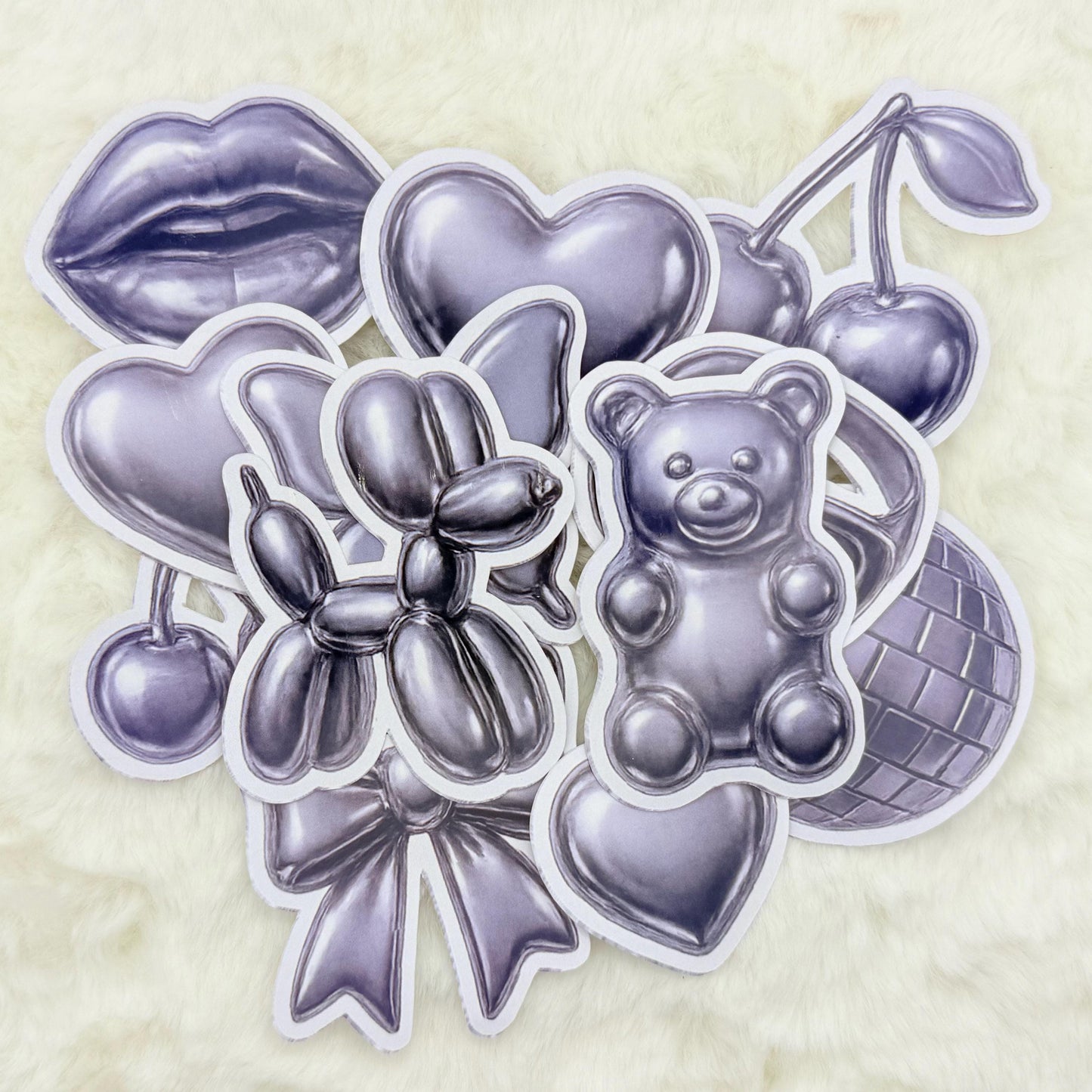 Chrome Aesthetic Sticker Pack – Glossy Metallic Balloon Dog, Heart, Cherry & Disco Vibes