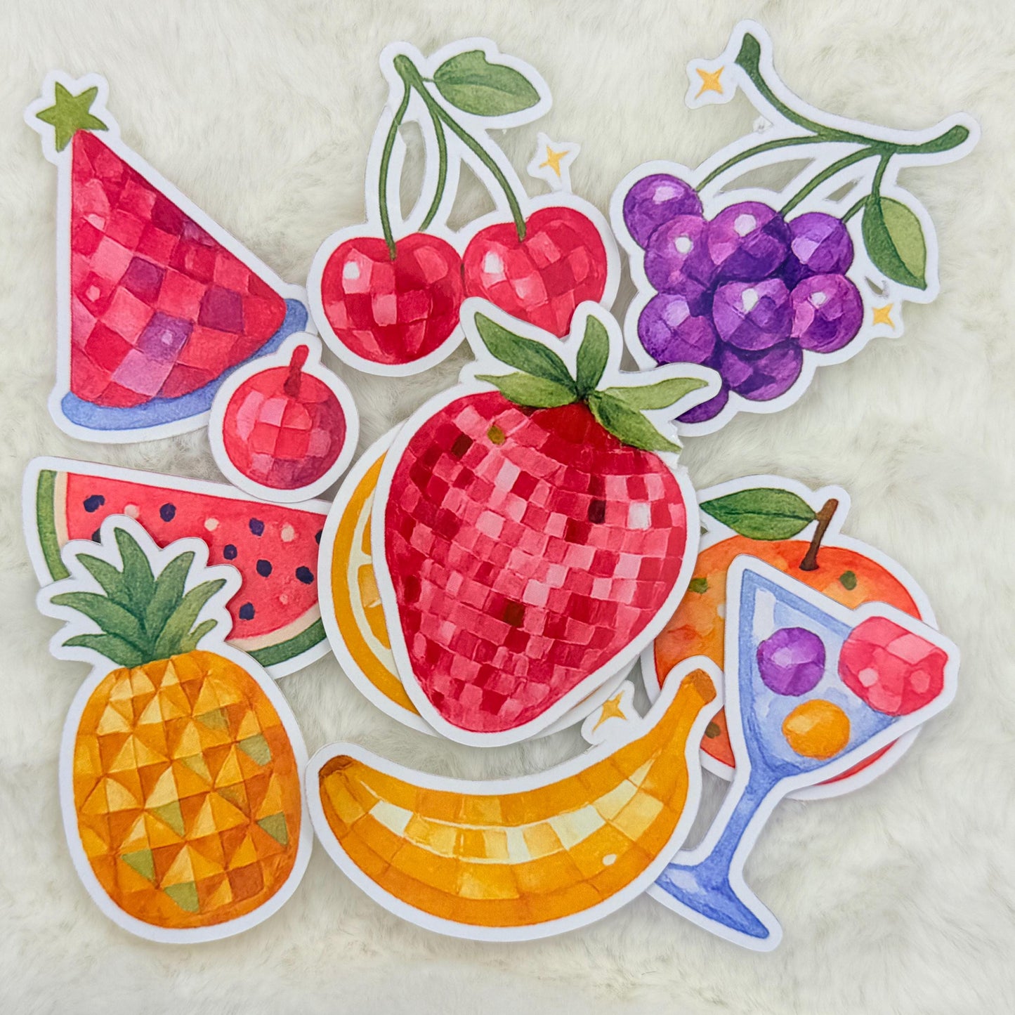 Disco Fruit Sticker Pack: Glossy Watercolor Party Decor