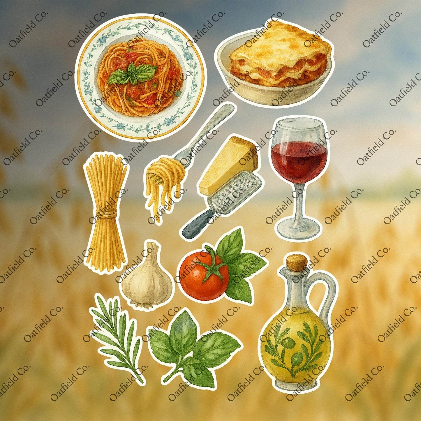 Watercolor Italian Food Sticker Pack: Pasta, Wine, & Garlic