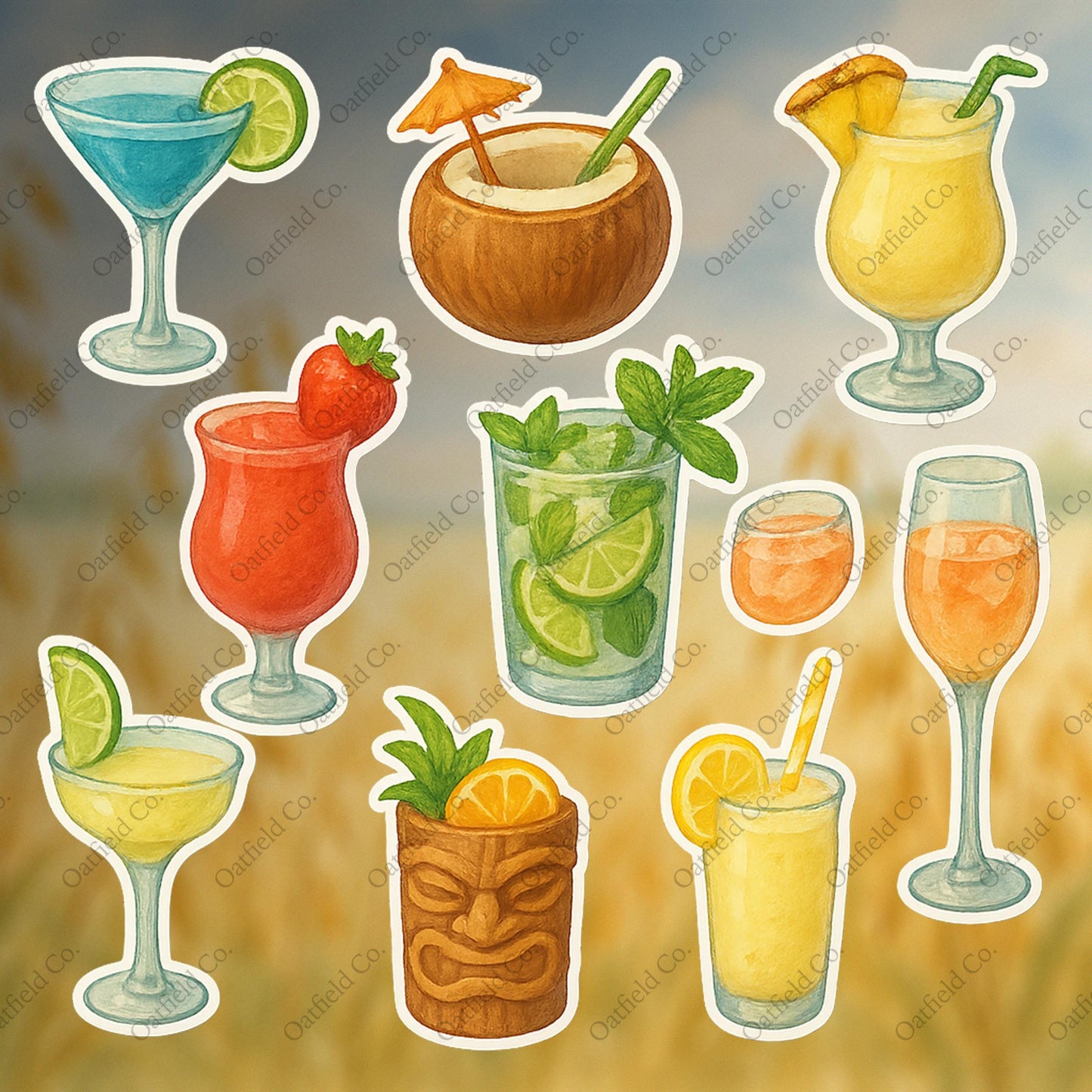 Tropical Cocktail Sticker Pack – Watercolor Drink Stickers for Summer & Travel Journals