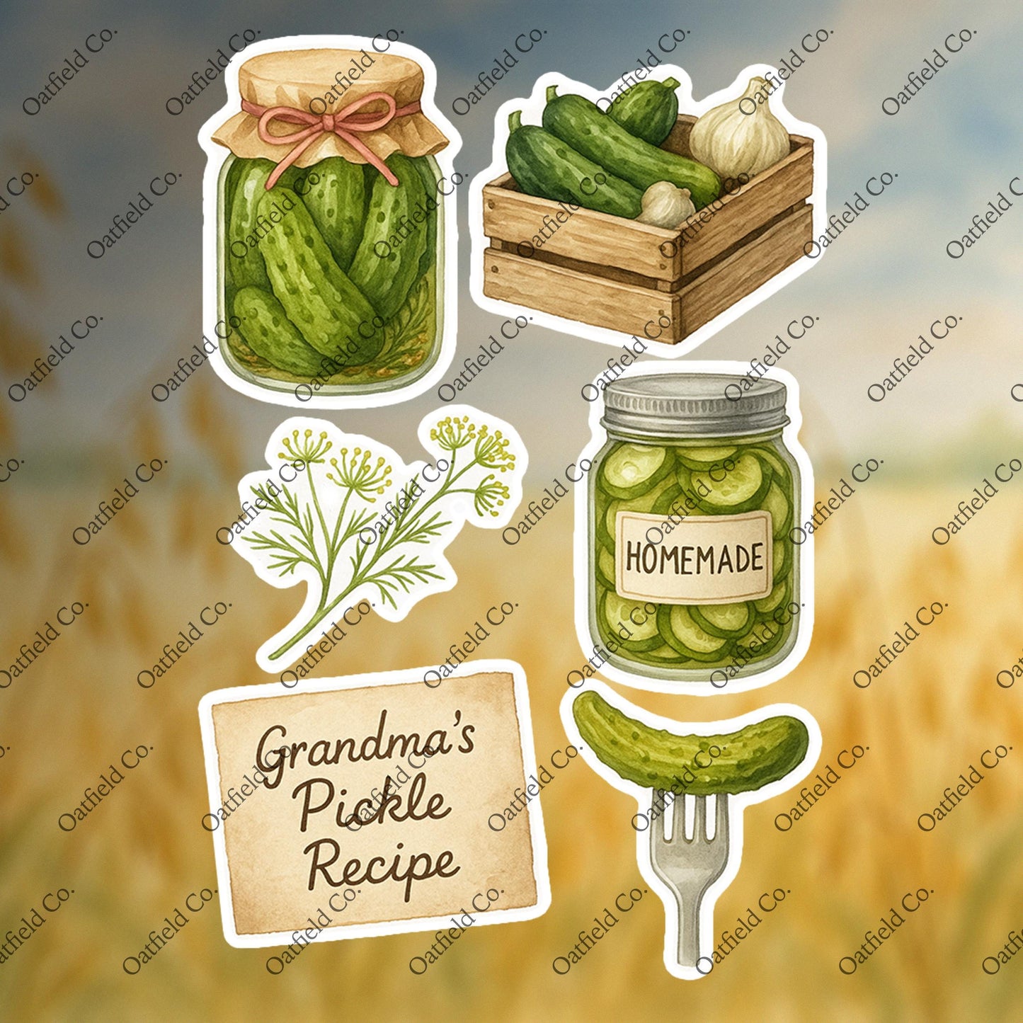 Watercolor Pickle Jar Sticker Pack: Kitchen - Glossy Stickers