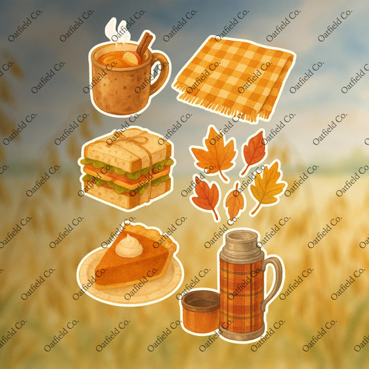 Cozy Fall Picnic Sticker Pack: Autumn Leaves, Pumpkin Pie, Hot Drink - Glossy Stickers