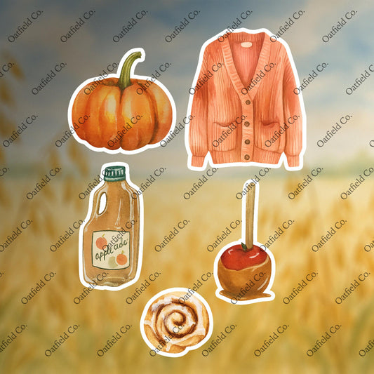 Cozy Fall Aesthetic Sticker Pack – Pumpkin, Cardigan, Apple Cider, Caramel Apple, Cinnamon Roll – Autumn Journal Stickers