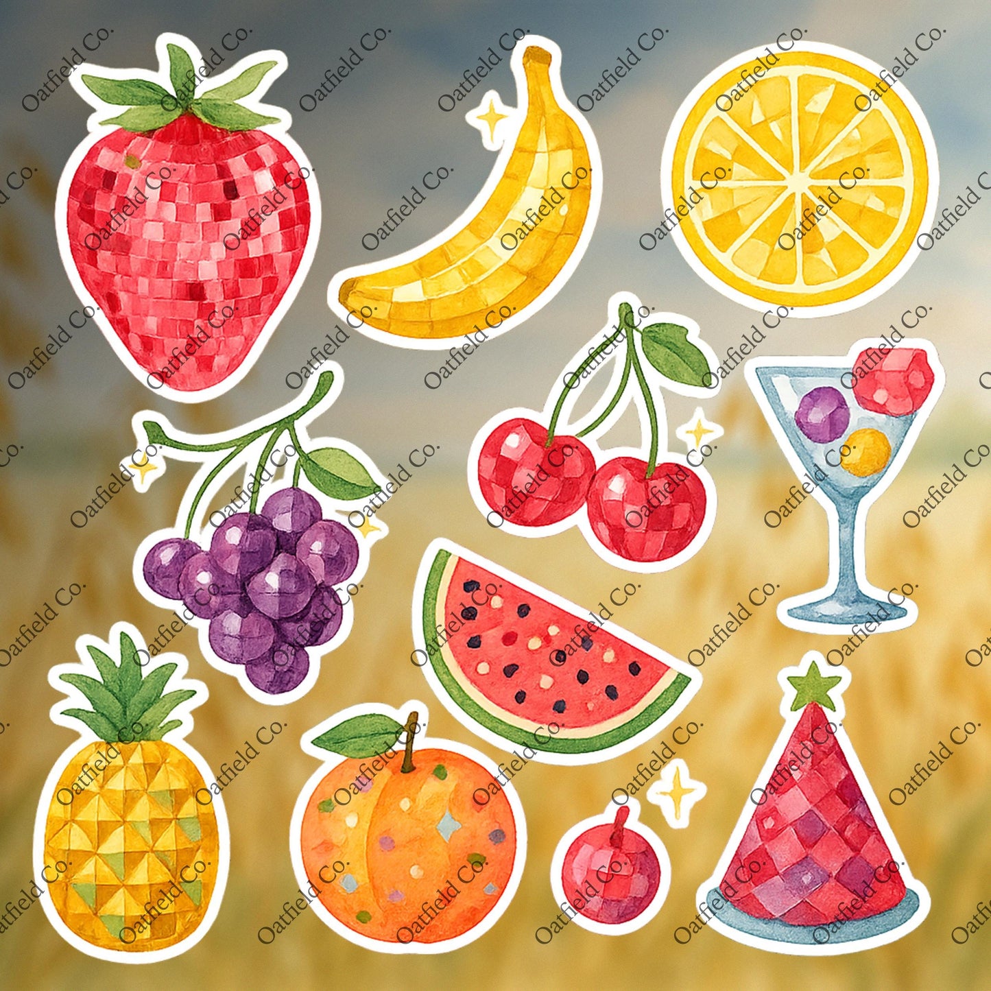 Disco Fruit Sticker Pack: Glossy Watercolor Party Decor