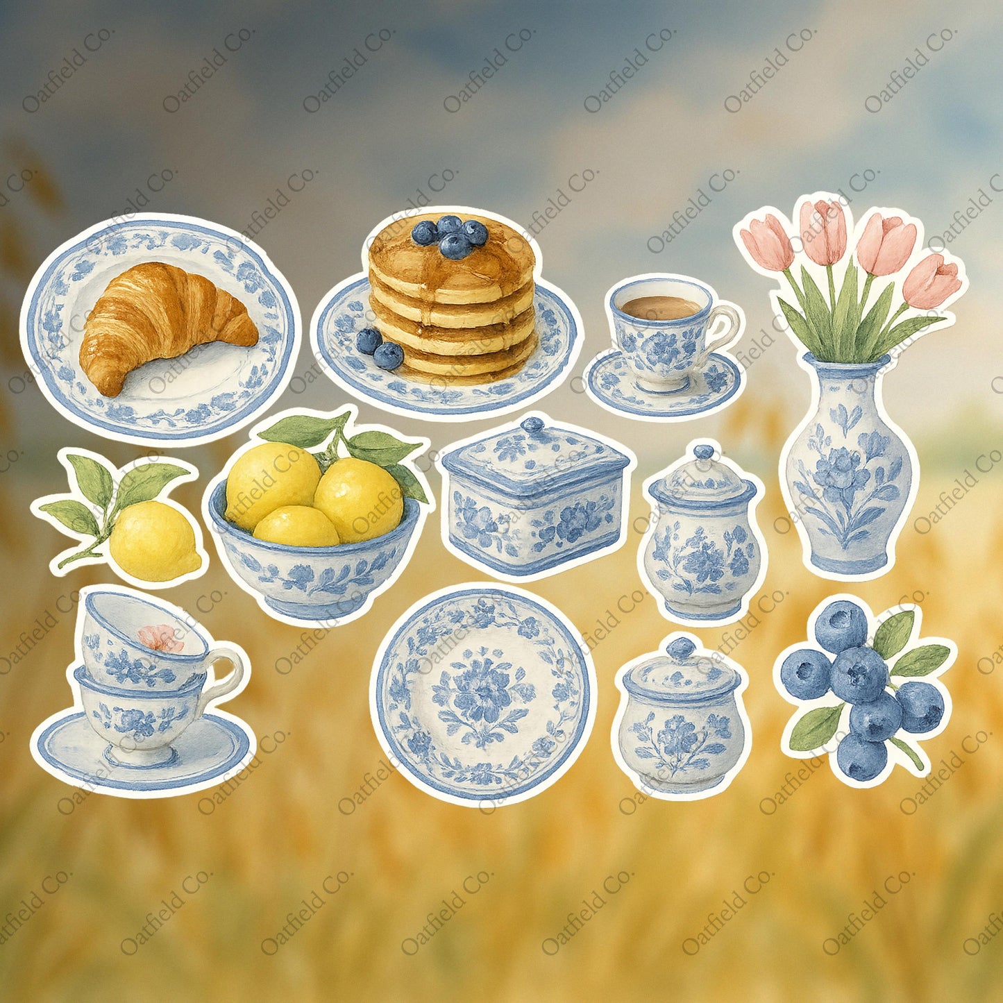 Blue and White Breakfast Stickers: French Country Kitchen, Watercolor Decals