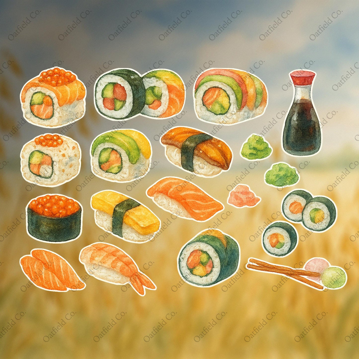 Watercolor Sushi Sticker Pack – Cute Japanese Food Stickers for Journals, Planners, Scrapbooks & Gifts