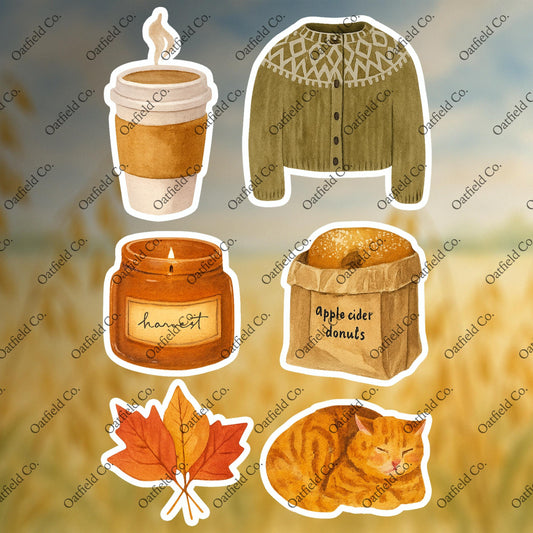 Cozy Fall Stickers – Autumn Cat, Donuts, Sweater, Coffee, Candle & Leaves Pack