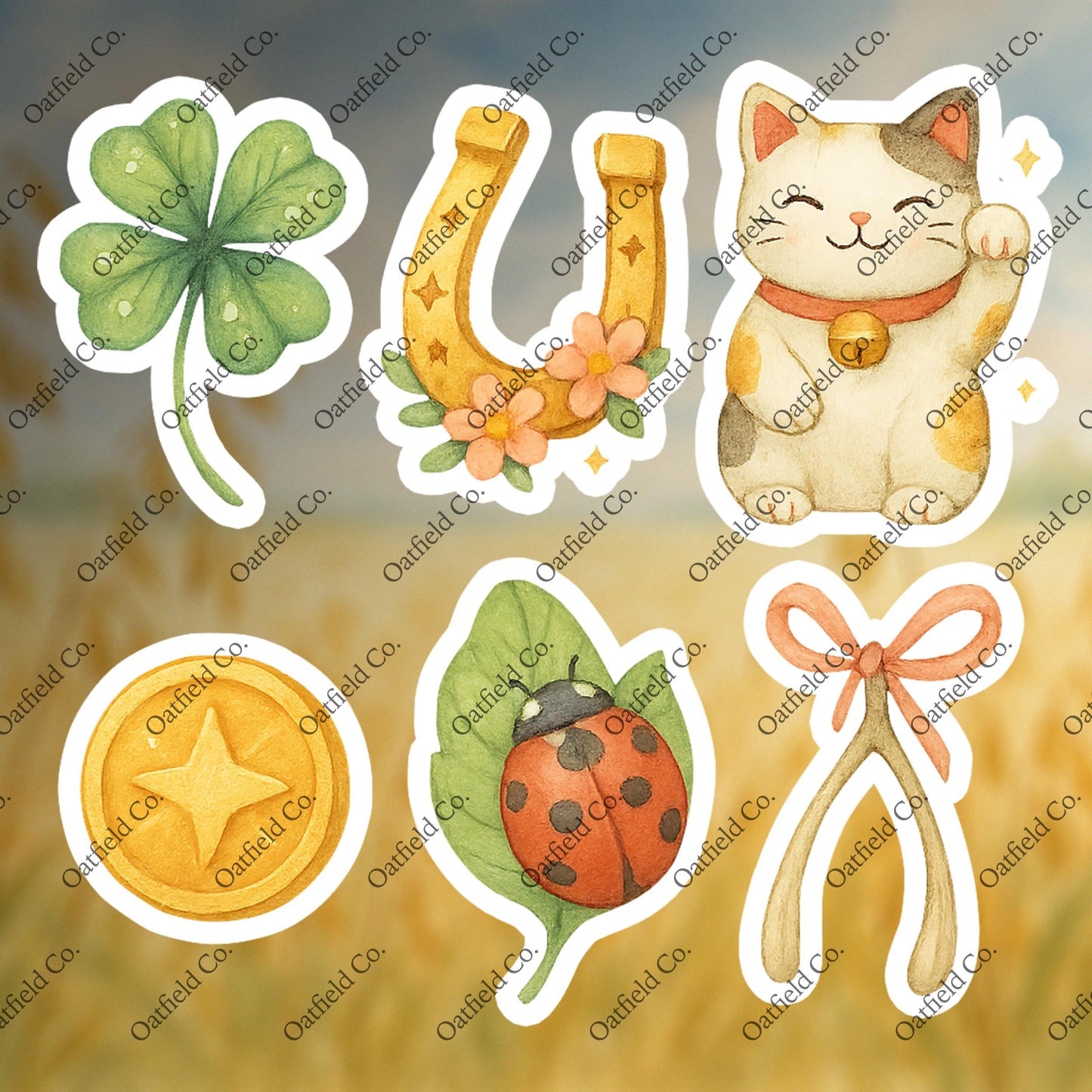 Lucky Charms Sticker Pack: Watercolor Good Luck Symbols - Glossy Stickers