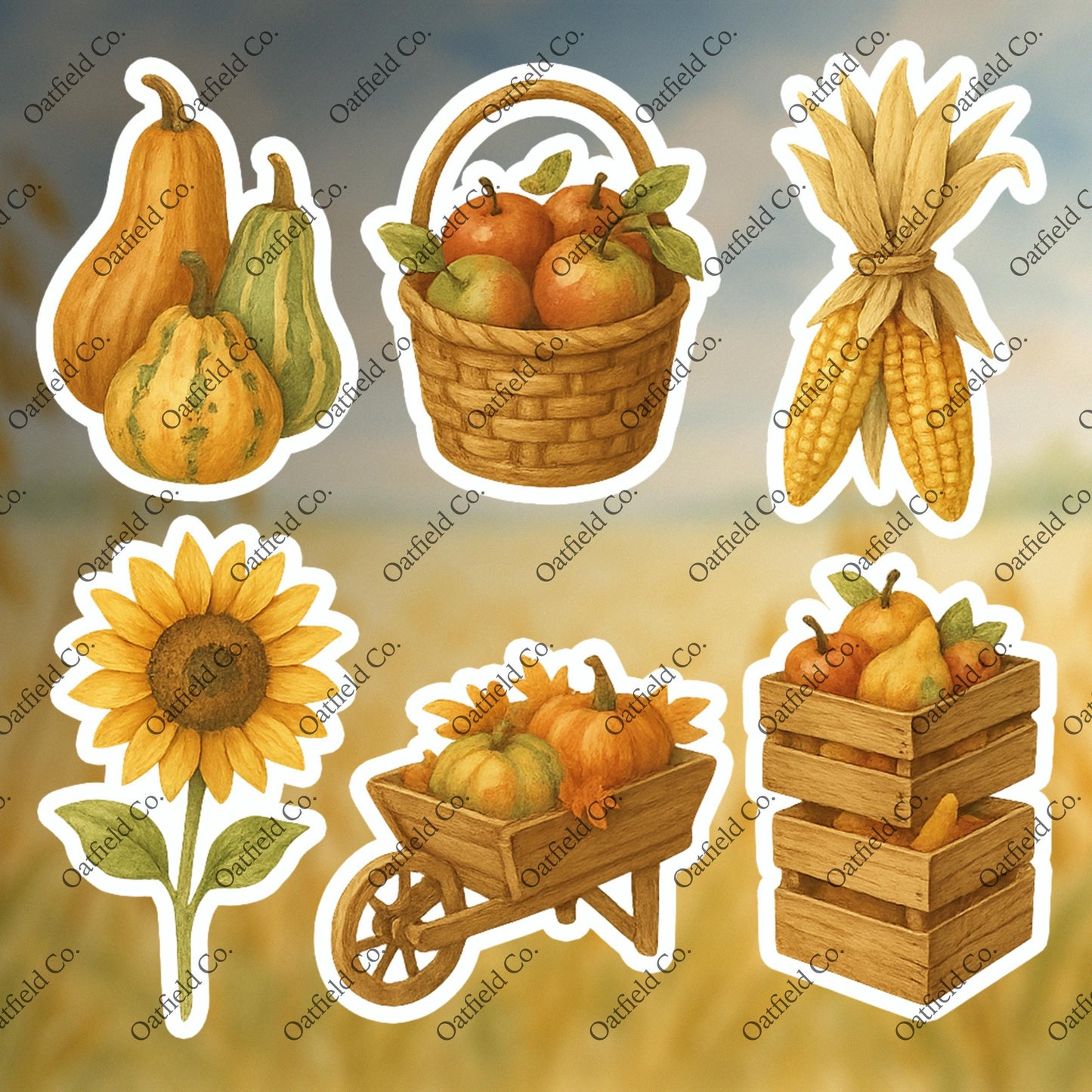 Fall Harvest Sticker Pack – Autumn Watercolor Gourds, Apples, Pumpkins & Sunflower Stickers