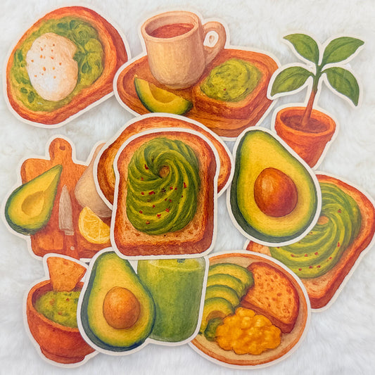 Avocado Sticker Pack – Cute Avocado Toast Food Stickers, Green Aesthetic Breakfast Stickers for Journals, Planners, Laptops
