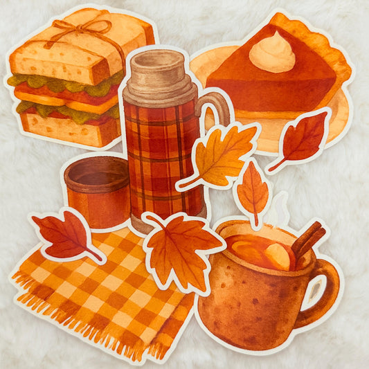 Cozy Fall Picnic Sticker Pack: Autumn Leaves, Pumpkin Pie, Hot Drink - Glossy Stickers