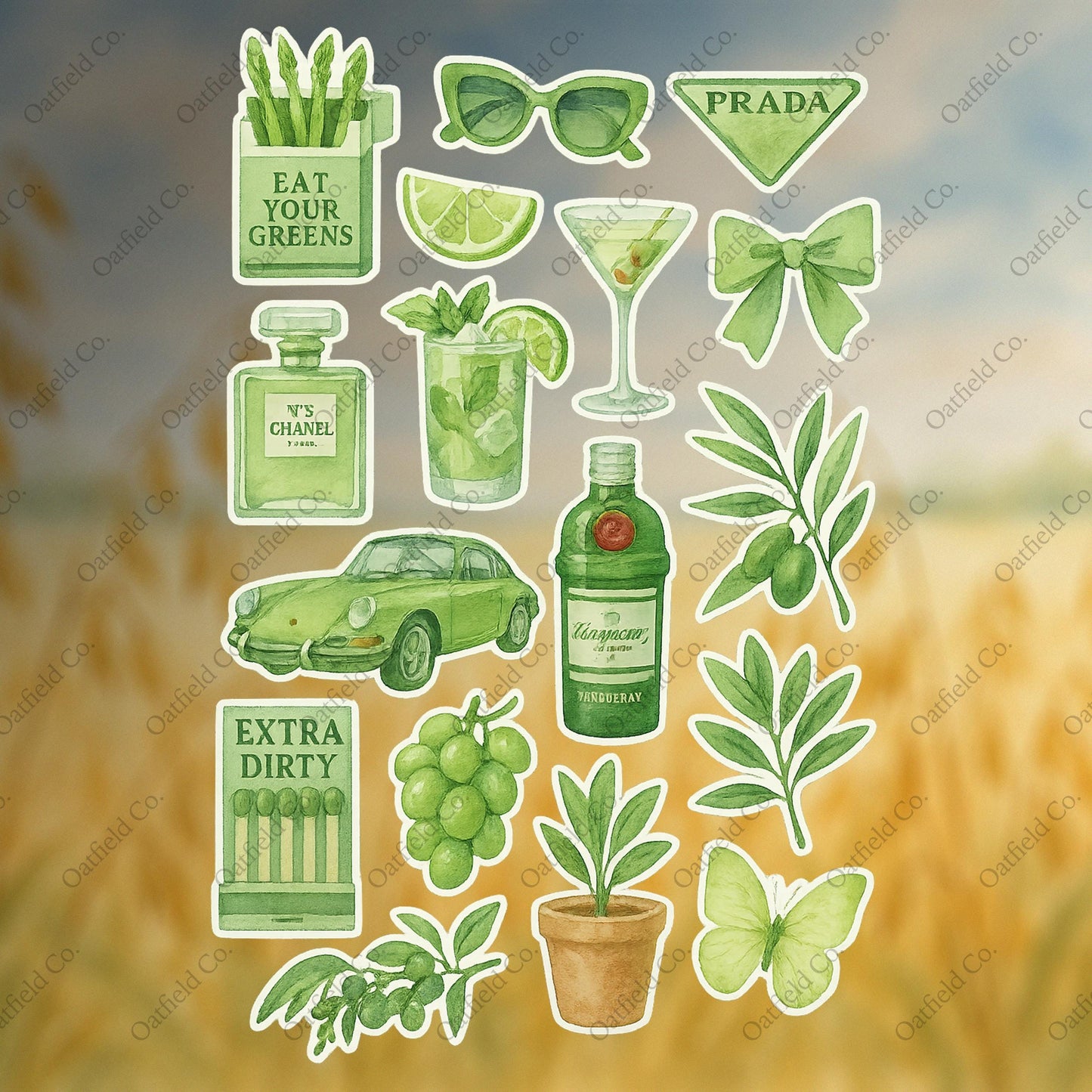 Green Aesthetic Sticker Pack – Glossy Cocktail, Fashion & Garden Vibes