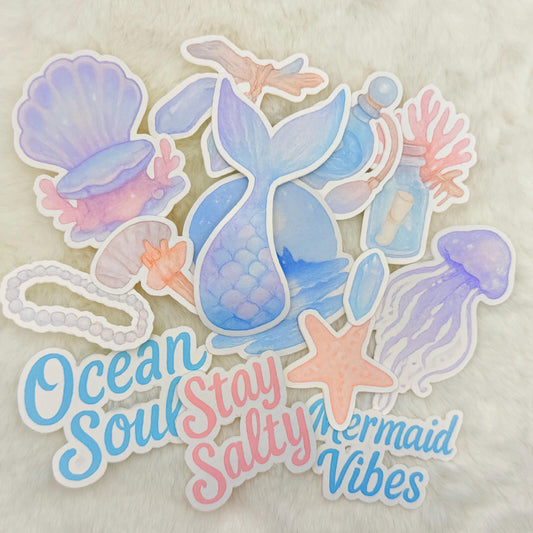 Mermaidcore Sticker Pack: Glossy Watercolor Ocean Stickers