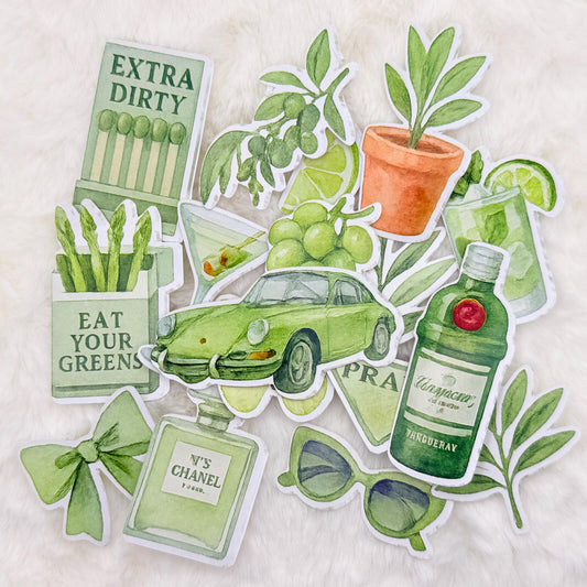 Green Aesthetic Sticker Pack – Glossy Cocktail, Fashion & Garden Vibes