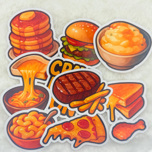 Glossy Comfort Food Sticker Pack: Pizza, Burgers, Mac & Cheese Decals