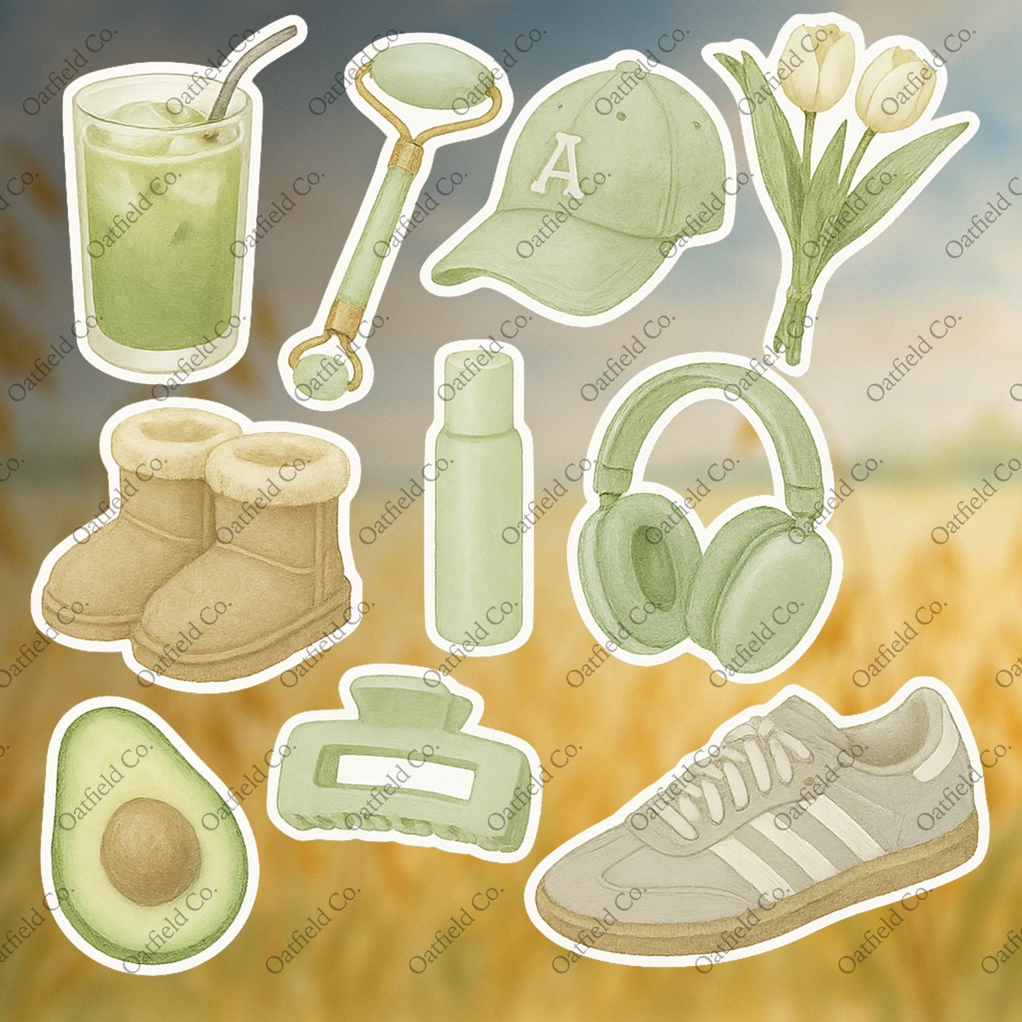 Matcha Aesthetic Glossy Sticker Pack – Avocado, Headphones, Uggs, Hat, Matcha, and More
