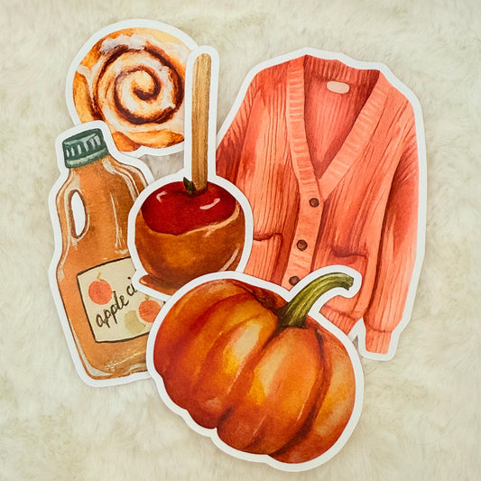 Cozy Fall Aesthetic Sticker Pack – Pumpkin, Cardigan, Apple Cider, Caramel Apple, Cinnamon Roll – Autumn Journal Stickers