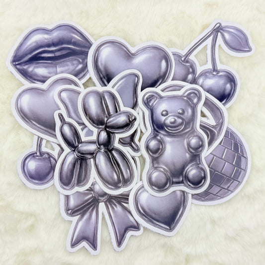 Chrome Aesthetic Sticker Pack – Glossy Metallic Balloon Dog, Heart, Cherry & Disco Vibes