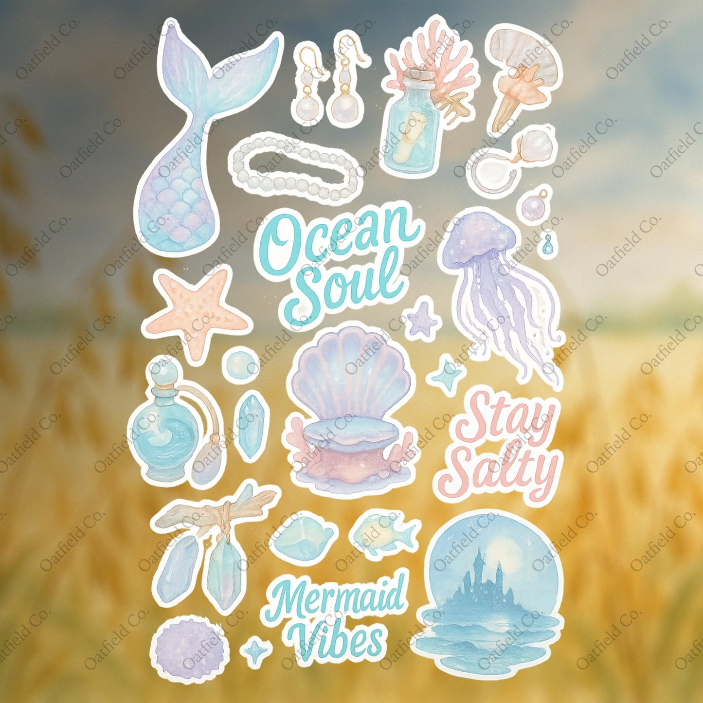 Mermaidcore Sticker Pack: Glossy Watercolor Ocean Stickers