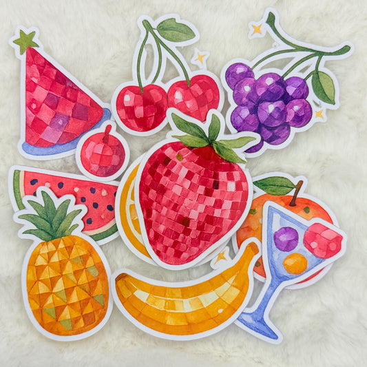 Disco Fruit Sticker Pack: Glossy Watercolor Party Decor