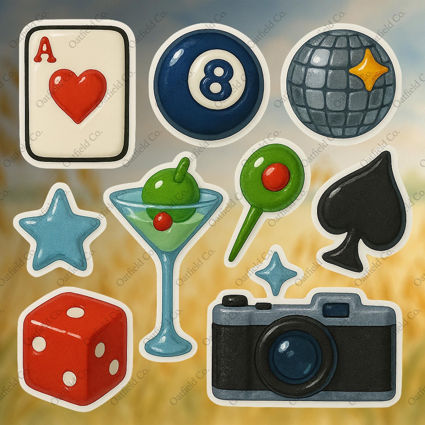 Retro Game Night Sticker Pack – Glossy Dice, Martini, Disco & Camera Vibes