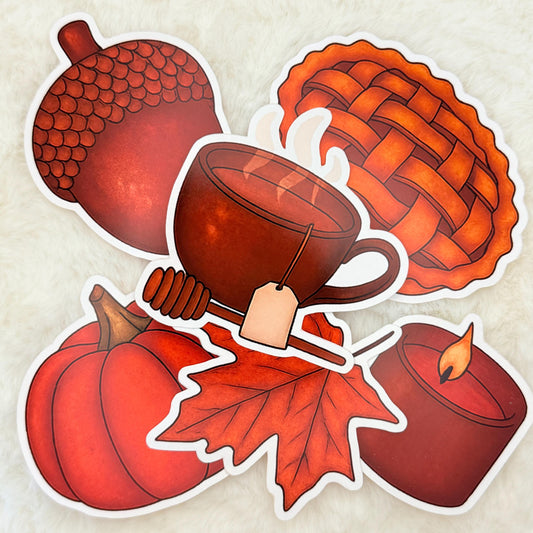 Cozy Autumn Sticker Pack: Fall Pumpkin, Tea, and Acorn Waterproof Stickers