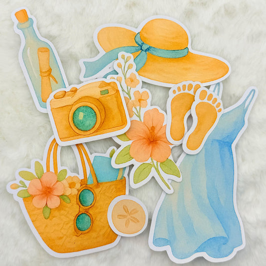 Beach Day Watercolor Sticker Pack: Glossy Summer Journal Stickers