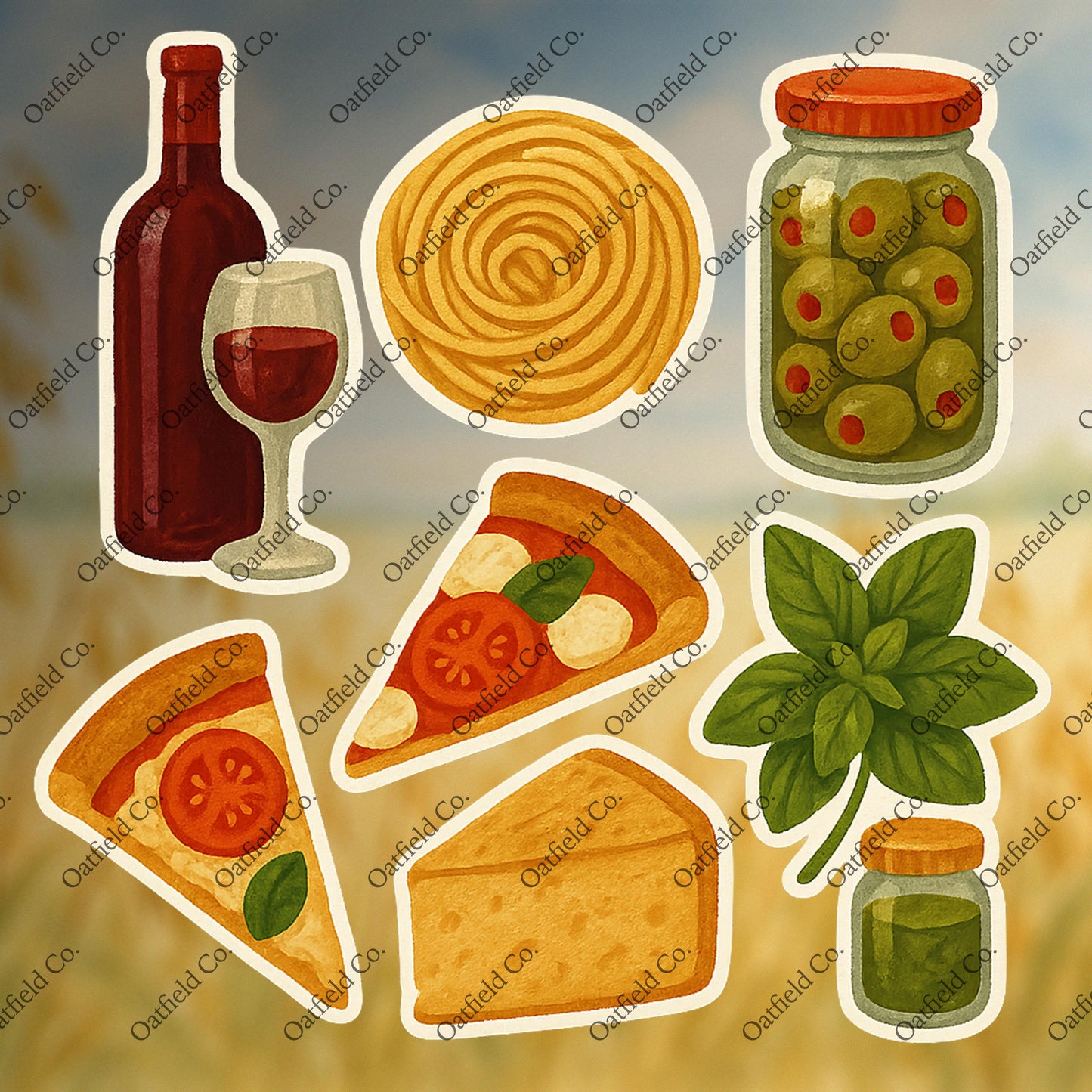 Italian Food Stickers: Pizza, Pasta, Wine - Journal & Scrapbook - Glossy Stickers