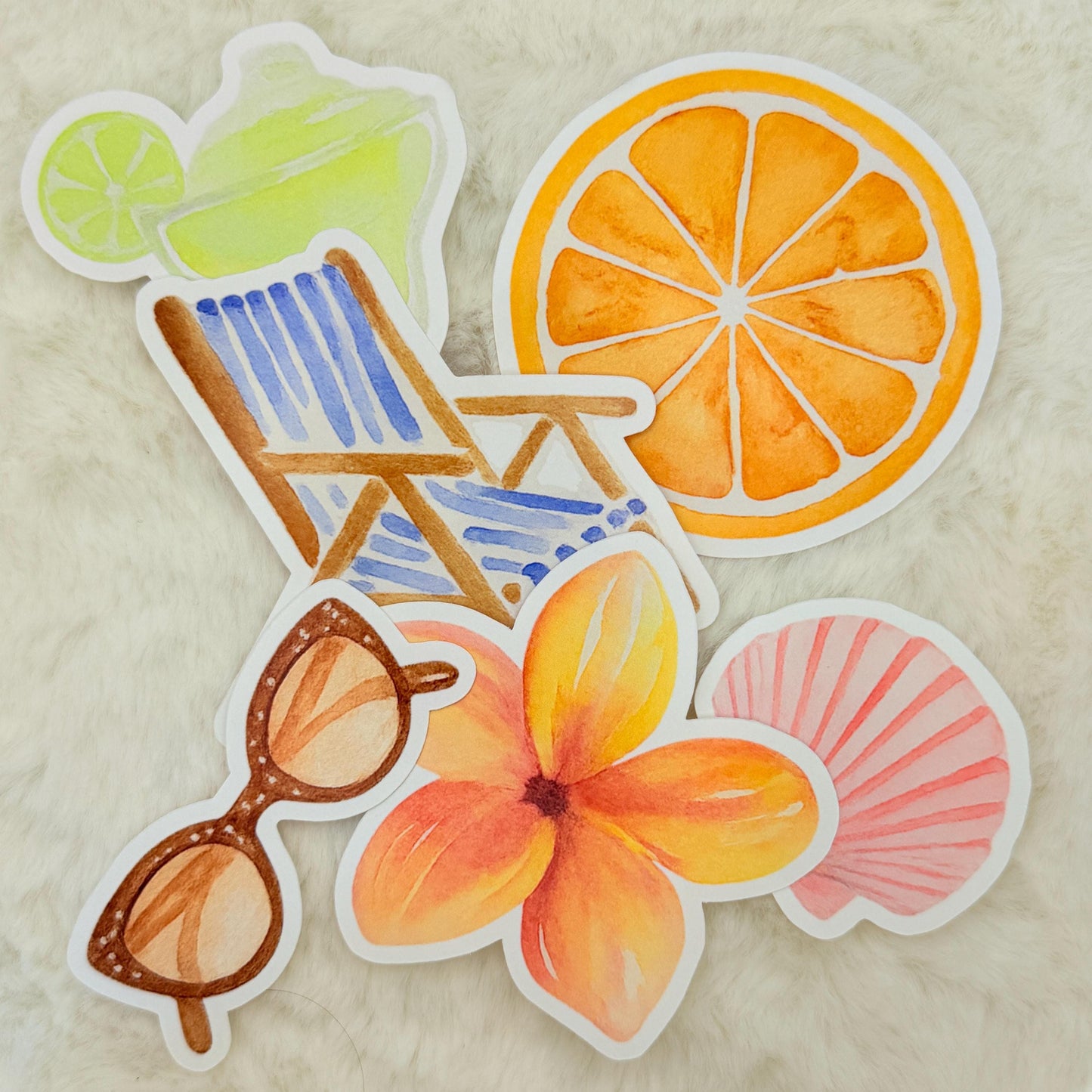 Summer Vacation Watercolor Sticker Pack – Tropical Drink, Sunglasses, Flower, Beach Chair, Shell & Citrus Slice