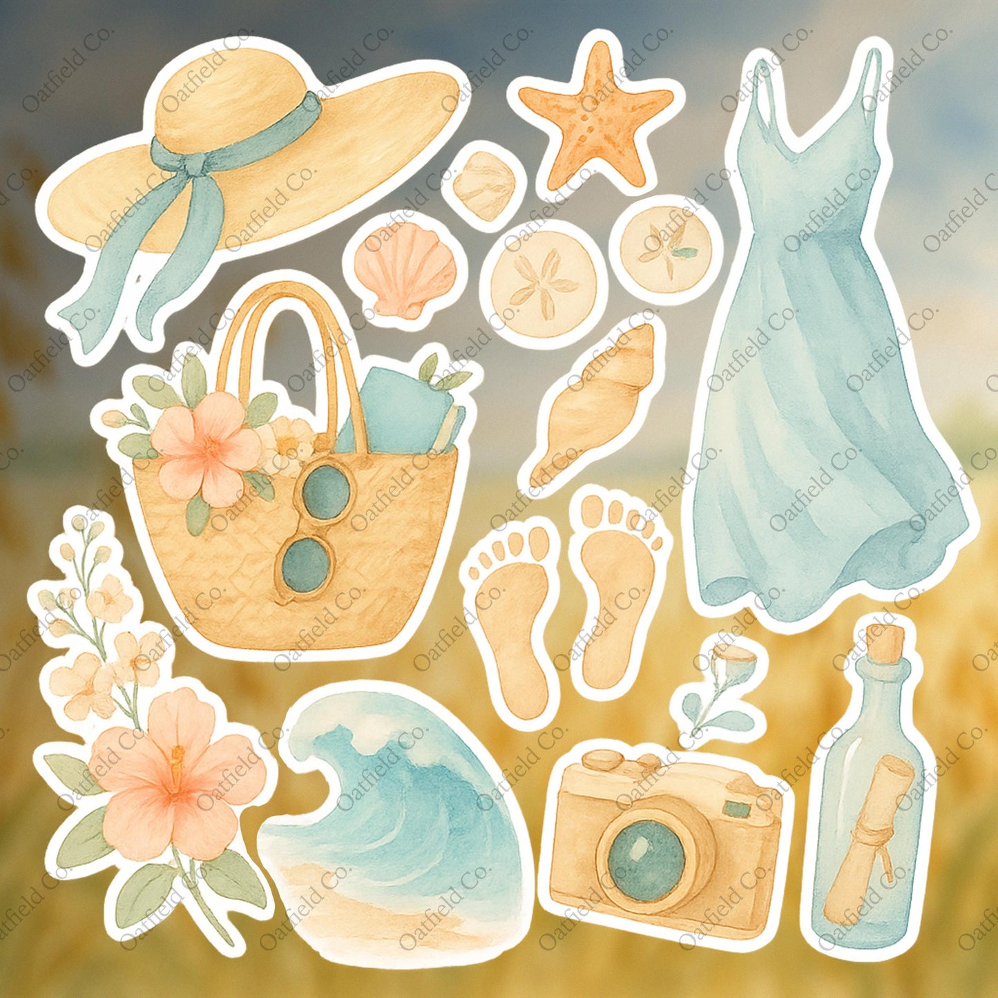 Beach Day Watercolor Sticker Pack: Glossy Summer Journal Stickers