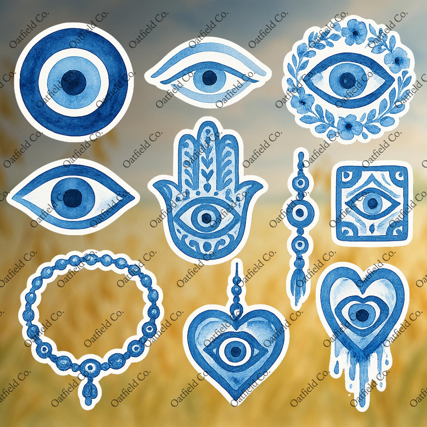 Blue Evil Eye Glossy Sticker Pack – Hamsa Hand, Amulet, Protection Symbols