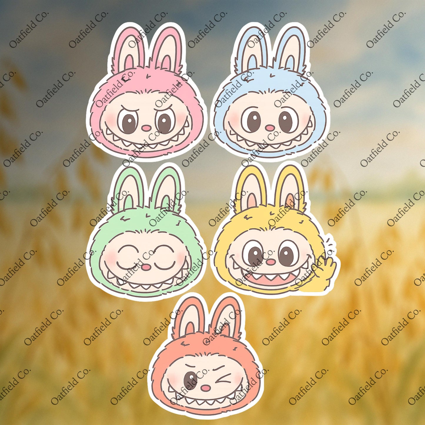 Kawaii Labubu Bunny Face Sticker Pack: Pastel Cartoon Expressions - Glossy Stickers