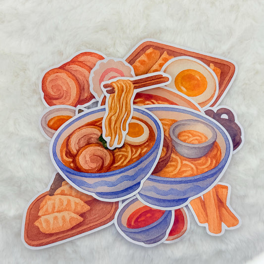 Ramen & Gyoza Glossy Food Sticker Pack – Japanese Noodles, Dumplings, Soy Sauce, Egg, and Narutomaki