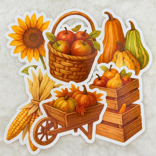 Fall Harvest Sticker Pack – Autumn Watercolor Gourds, Apples, Pumpkins & Sunflower Stickers