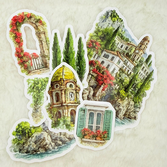 Watercolor Italian Villa Sticker Pack: Amalfi Coast Travel Journal - Glossy Stickers