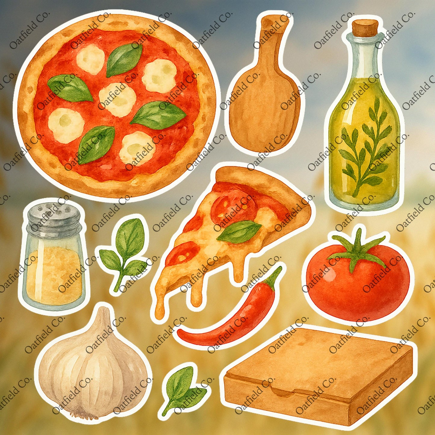 Italian Pizza Sticker Pack – Margherita, Garlic, Tomato, Olive Oil Stickers