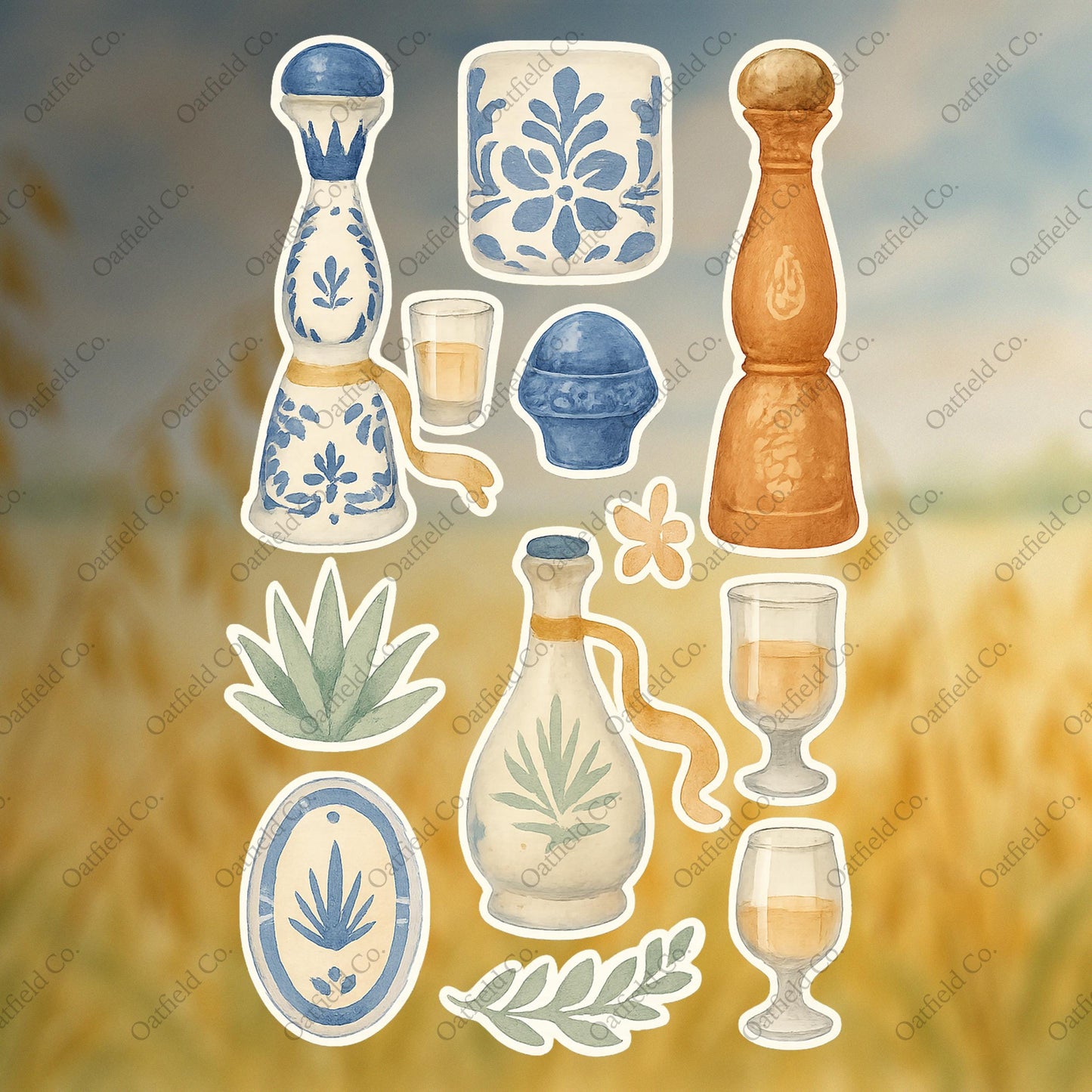 Tequila Sticker Pack: Glossy Watercolor Agave, Bottles & Shot Glasses