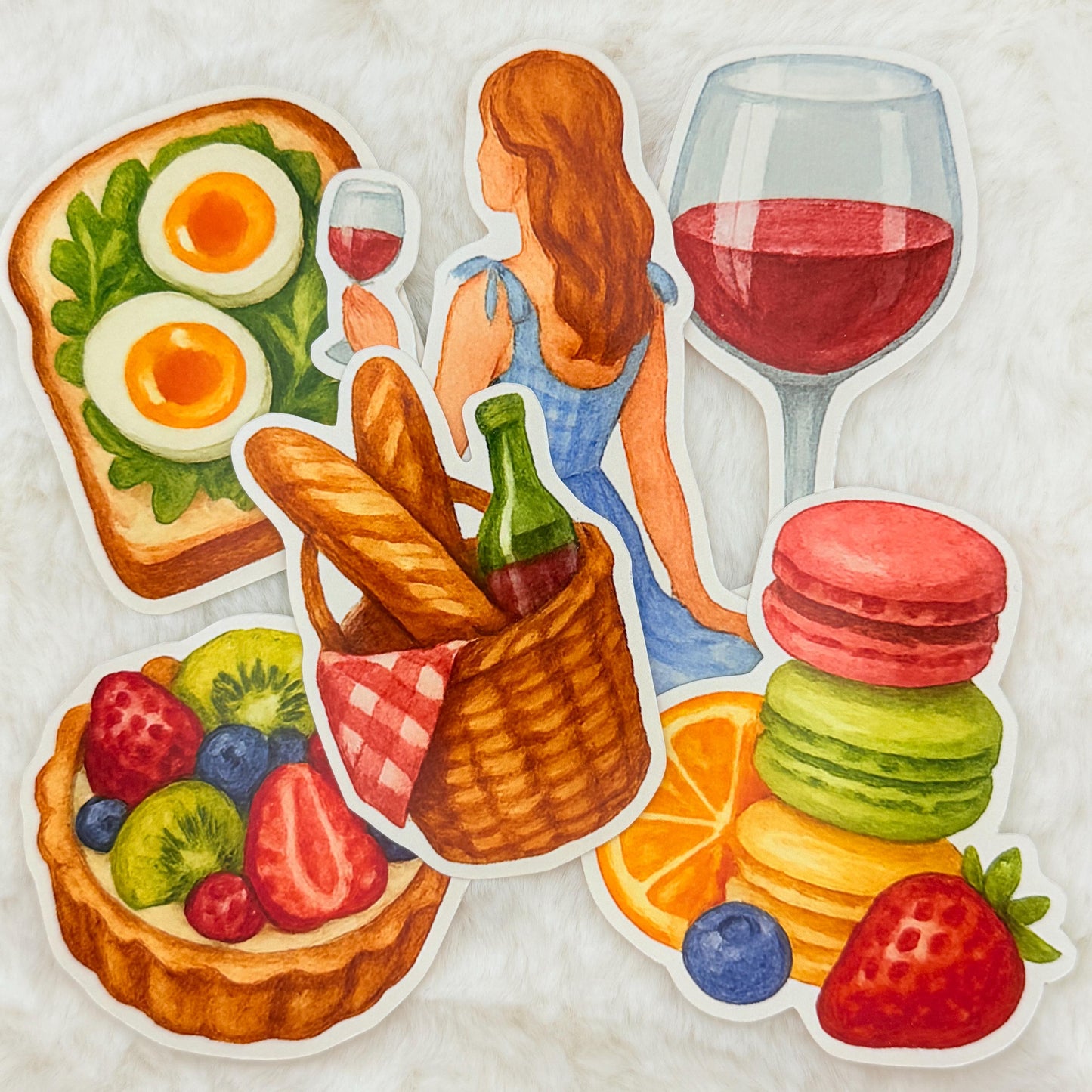 Parisian Picnic Sticker Pack – Watercolor Food & Wine Picnic Aesthetic Stickers