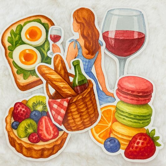 Parisian Picnic Sticker Pack – Watercolor Food & Wine Picnic Aesthetic Stickers