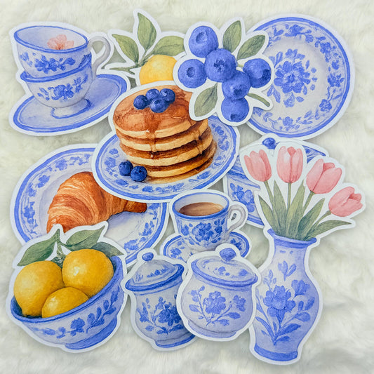 Blue and White Breakfast Stickers: French Country Kitchen, Watercolor Decals