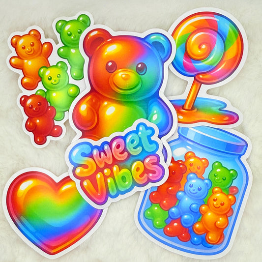 Rainbow Gummy Bear Sticker Pack: Kawaii Candy - Glossy Stickers