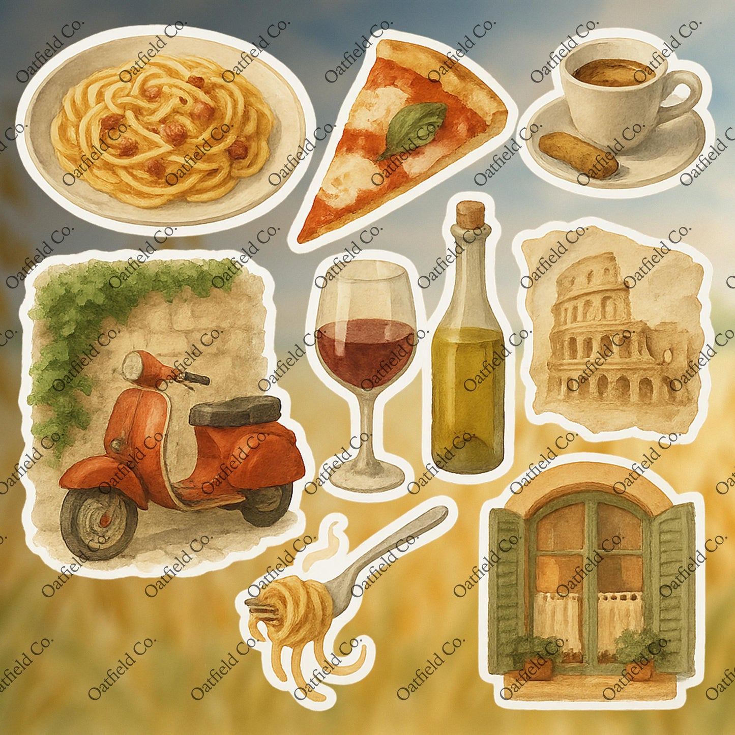 Rome Travel Sticker Pack: Italian Food, Vespa, Colosseum - Glossy Stickers