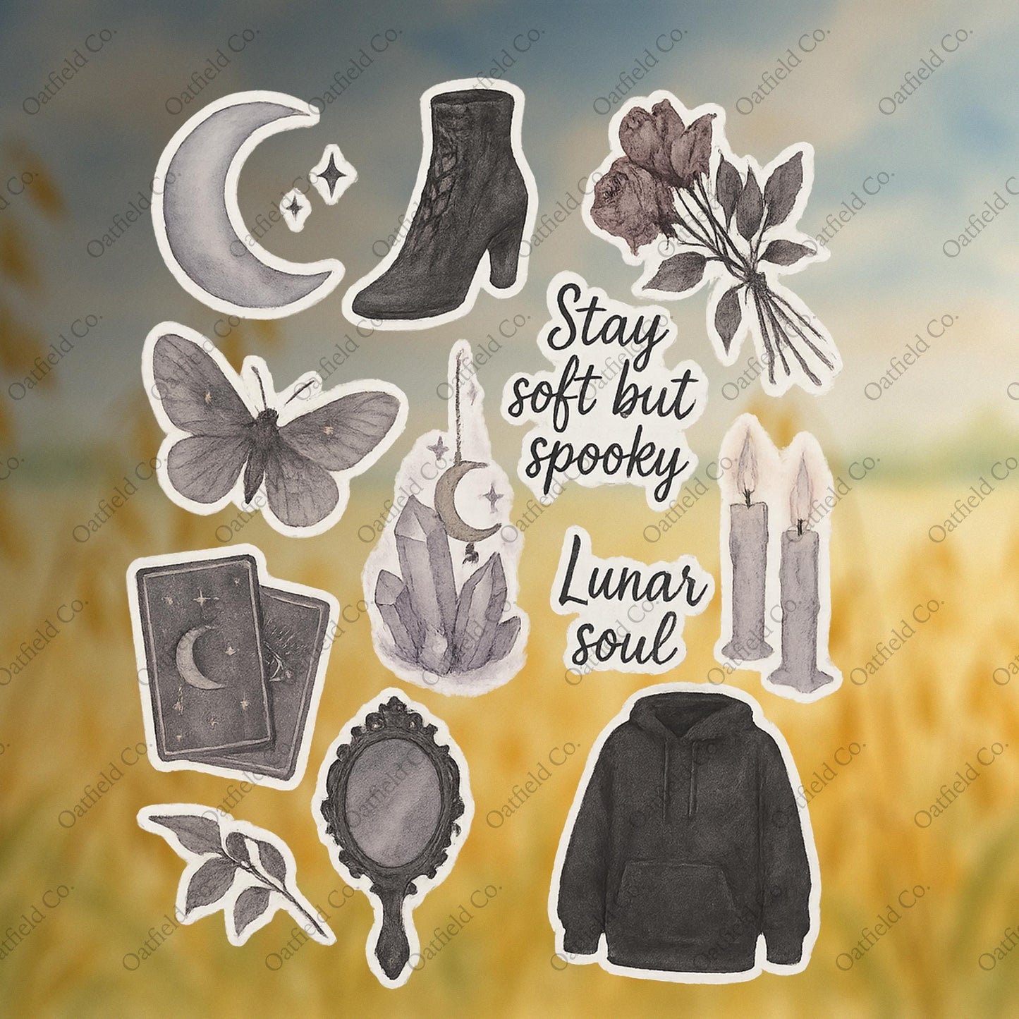 Glossy Moon Sticker Pack: Gothic Watercolor Stickers for Journals
