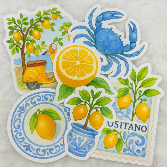 Lemon Positano Sticker Pack: Italian Summer, Vespa, Blue Crab - Glossy Stickers