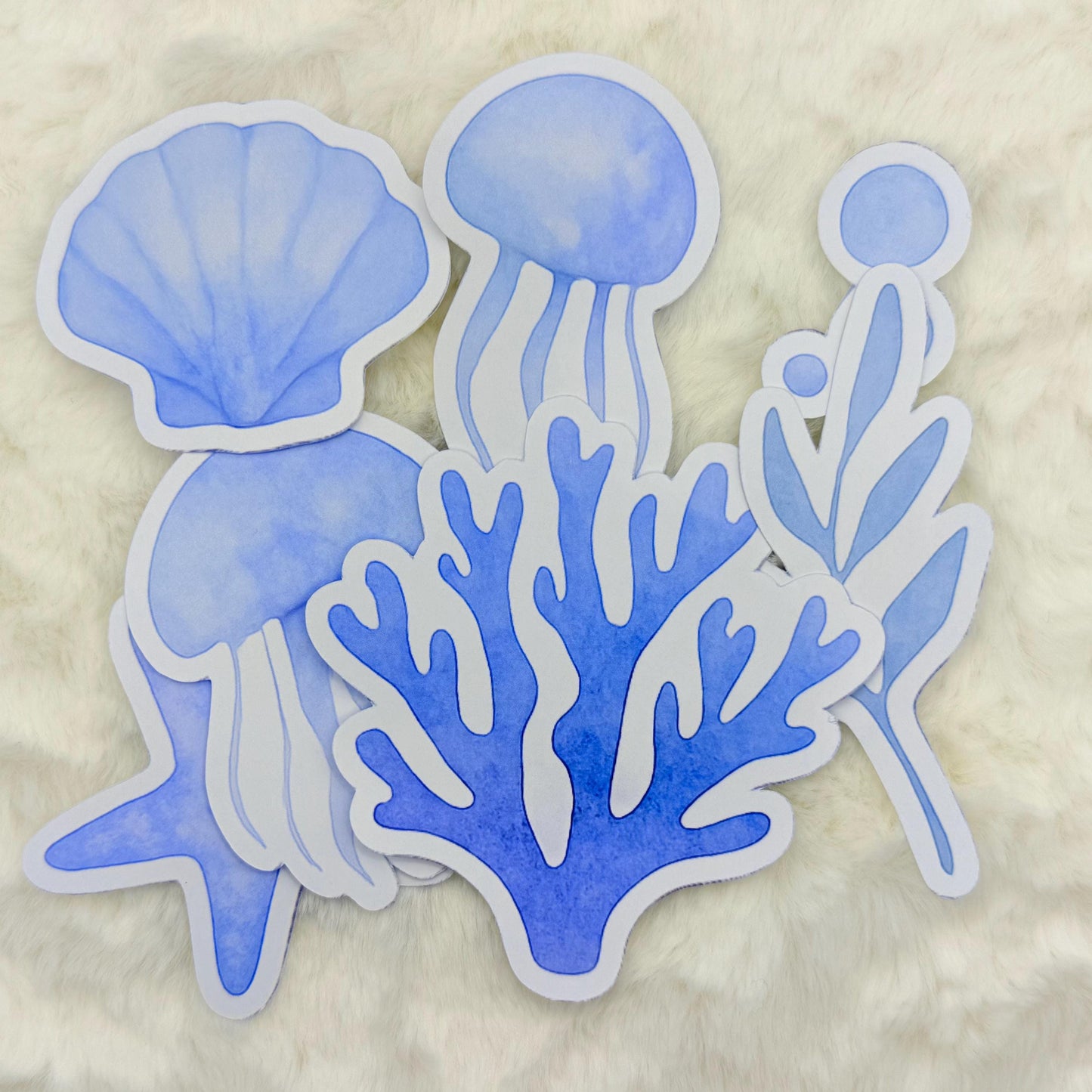 Watercolor Ocean Sticker Pack: Glossy Jellyfish, Coral, Seashells