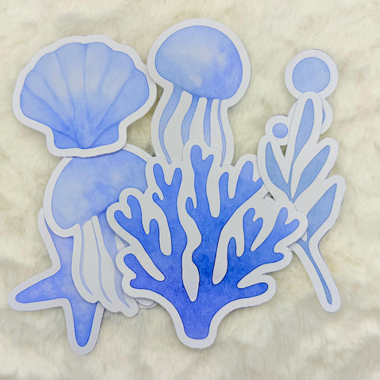 Watercolor Ocean Sticker Pack: Glossy Jellyfish, Coral, Seashells