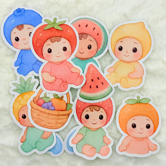 Fruit Babies Sticker Pack – Glossy Kawaii Watercolor Stickers for Journals & Planners