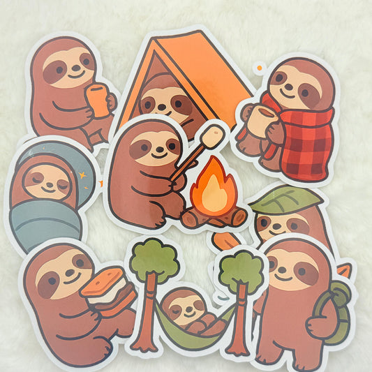 Camping Sloth Sticker Pack: Cozy Adventure Vinyl Decals