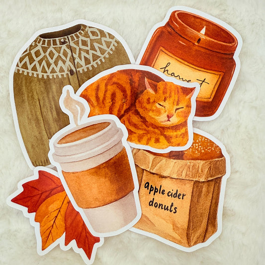 Cozy Fall Stickers – Autumn Cat, Donuts, Sweater, Coffee, Candle & Leaves Pack