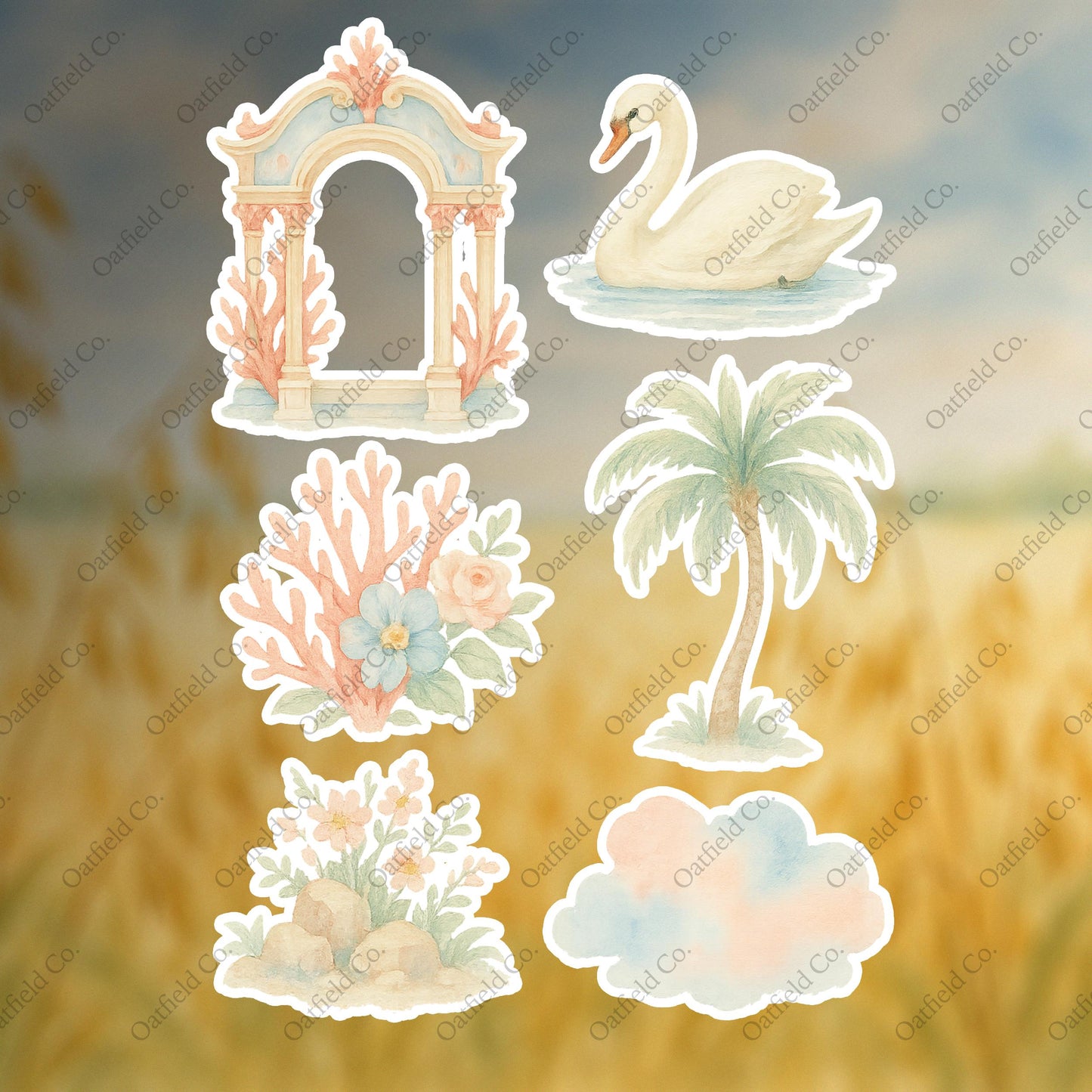 Tropical Rococo Sticker Pack: Glossy Watercolor Coastal Garden